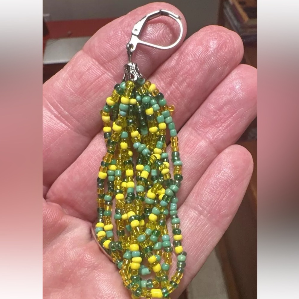 Braided Seed Bead Green Yellow Necklace Earrings Adjustable Silver Chain Boho - Picture 3 of 7